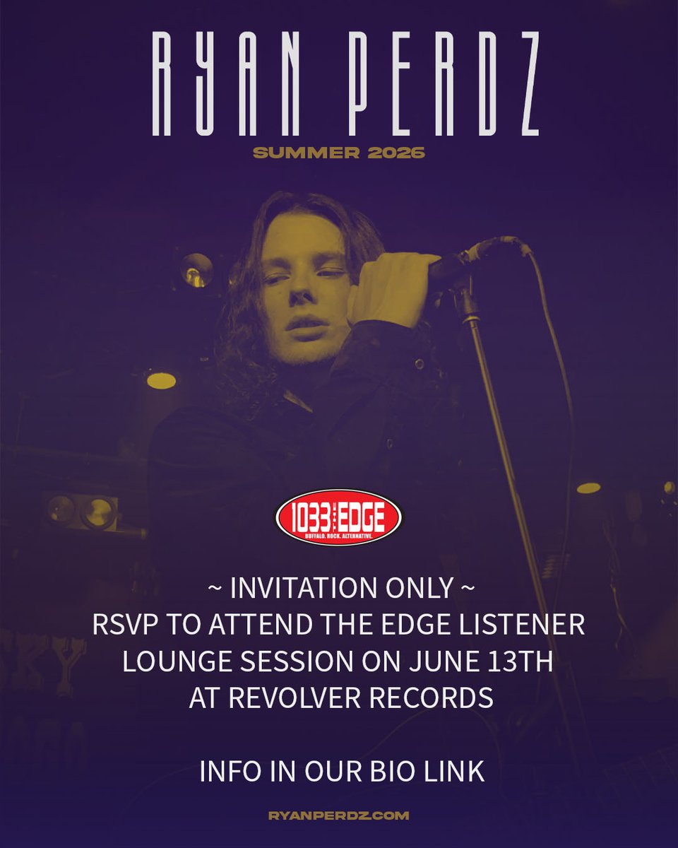 1033TheEdge's tweet photo. 103.3 The Edge presents an invite‑only performance with Buffalo native Ryan Perdz, June 13th at Revolver Records!

👉 Hit the link, sign up, and lock in your spot at https://t.co/uP8n6d2p9o ���️ https://t.co/b6ymfOEzfy

#TheEdge #BuffaloNY #SupportLocalMusic #AltRock #RyanPerdz https://t.co/hDBSyFMro2