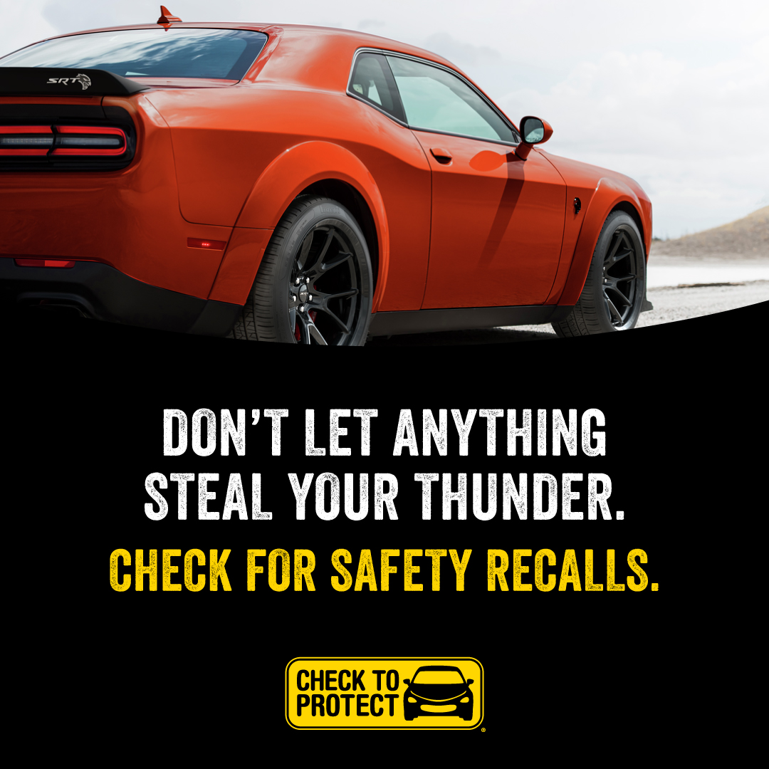 dodgecares's tweet photo. Going for a drive? Don't forget to check for recalls. 1 in 5 vehicles on the roads have an open safety recall. Make sure your vehicle isn't one of them by visiting https://t.co/ho3dGmZh5Z. If your vehicle has a recall, repairs are FREE. #CheckToProtect #CheckForRecalls https://t.co/oF8ok2lzNH
