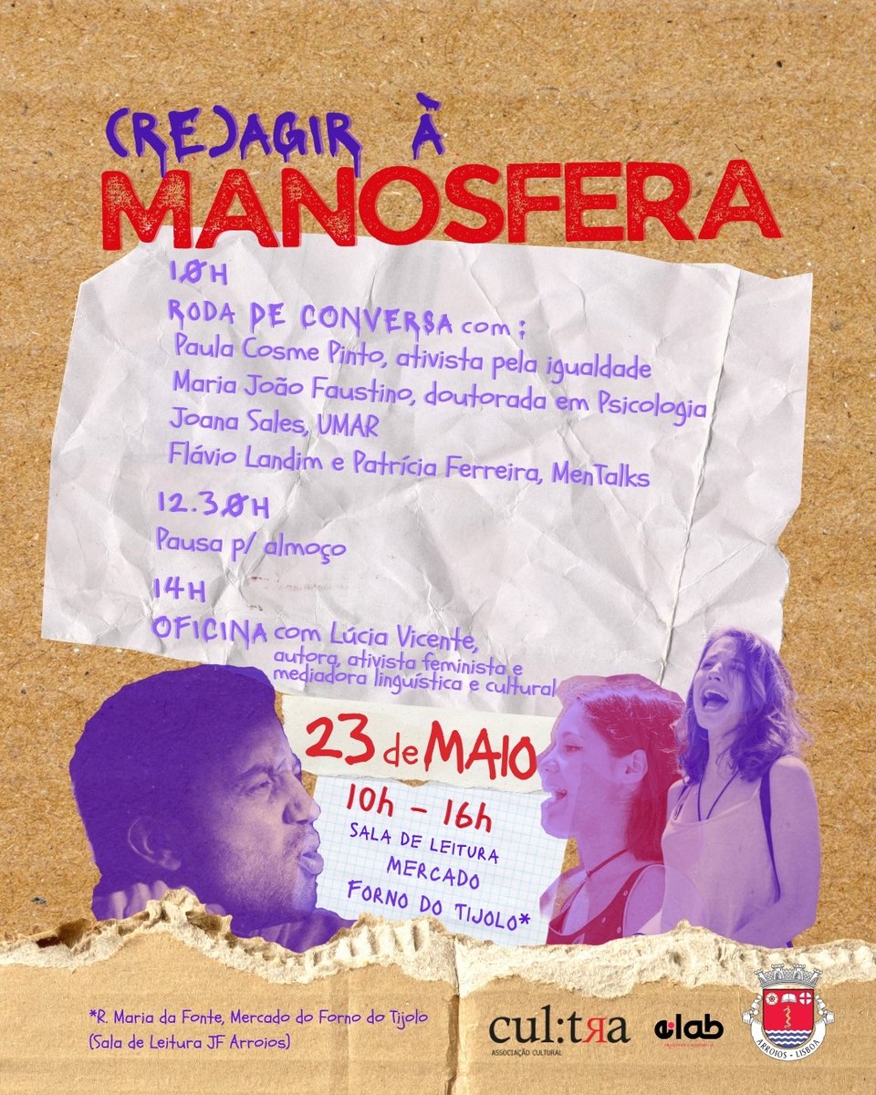 _cultra's tweet photo. 📅(Re)agir contra a Manosfera. Uma sessão em parceria com a @jf_arroios dia 23 de maio, na Sala de Leitura da JF Arroios (Mercado do Forno de Tijolo) entre as 10h e as 16h. https://t.co/GaApLD5AqV