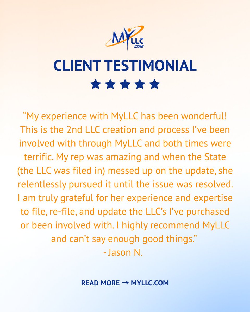 MyLLC's tweet photo. Client feedback like this means everything to us 💬 

“My experience with MyLLC has been wonderful… my rep relentlessly pursued the issue until it was resolved. I highly recommend MyLLC and can’t say enough good things.” — Jason N. 

Thank you for trusting MyLLC with your business formation and filings—we’re proud to support you every step of the way. 

#ClientTestimonial #MyLLC #SmallBusinessOwners #EntrepreneurLife #LLCFormation #BusinessSupport #TrustedService