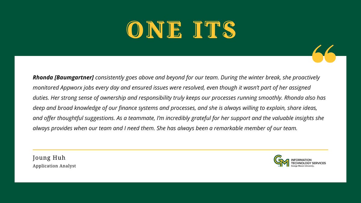 GeorgeMasonITS's tweet photo. Join us every Friday for our One ITS series 💚💛 https://t.co/MvaBwyGsme