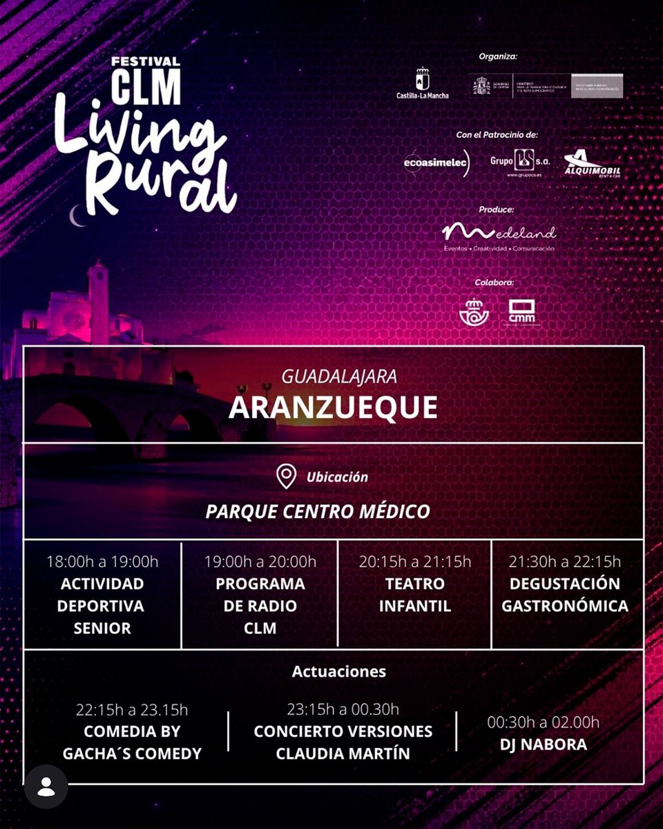 gobjccm's tweet photo. 📣Este sábado arranca en Aranzueque (#Guadalajara) la 3ª edición del festival @ClmLivingRural, que acercará el ocio y la cultura a una veintena de municipios de la región.

🎶Programación para todas las edades: gastronomía, radio en directo, humor y música. ¡No te lo pierdas! https://t.co/UsuvSNS21Z