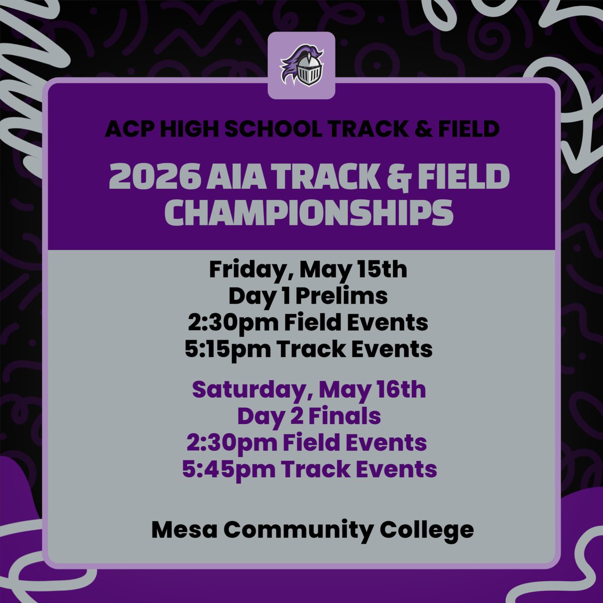 ACPAthletics's tweet photo. State meet time. Tonight and tomorrow the Knights take the track and field ready to compete with heart, pride, and determination at the AIA State Championships. Let’s go Knights! #ACPKnights #ACPTrackAndField #AIAState #KnightNation #LetsGoKnights @CUSDAthletics https://t.co/BDxOJhZwv7