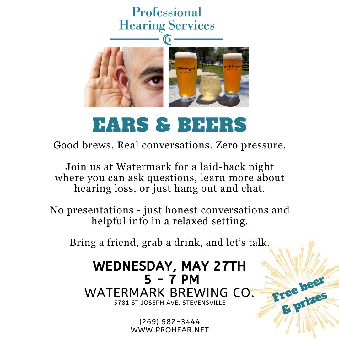 ProHearing_PHS's tweet photo. Good brews. Real conversations. Zero pressure.

Join us at Watermark Brewing for a laid-back night where you can ask questions, learn more about hearing loss, or just hang out and chat.

Bring a friend, grab a drink, and let’s talk

https://t.co/3yTqmj6TQi https://t.co/yZcnvkKXjB