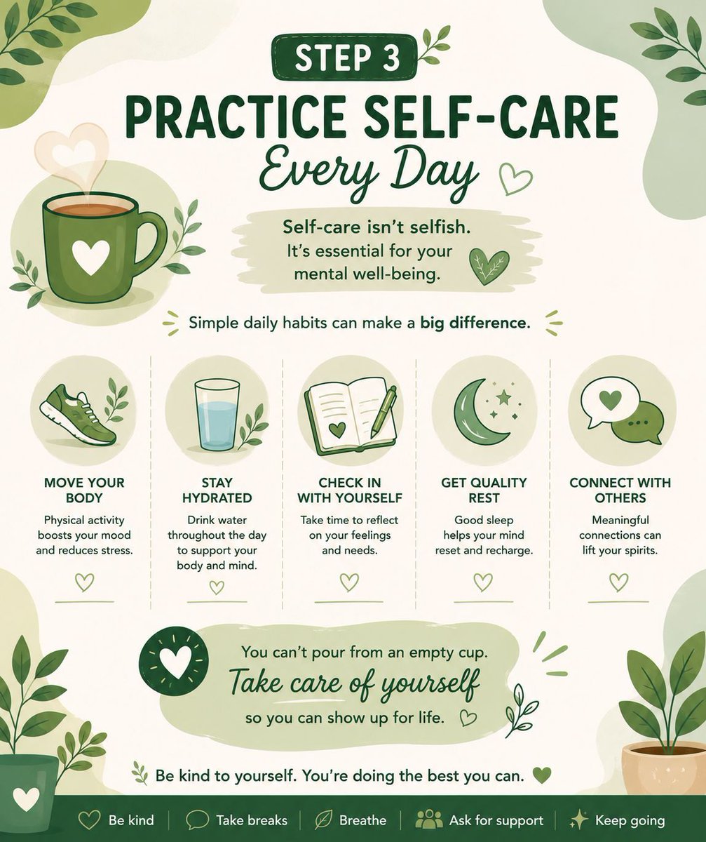 WorldsForAll_'s tweet photo. Self-care isn’t selfish 💚

Small daily habits like rest, hydration, movement, and emotional check-ins can make a big difference to your mental wellbeing 🌱

#MentalHealthAwarenessMonth #SelfCare https://t.co/g4tkFqIeZ0