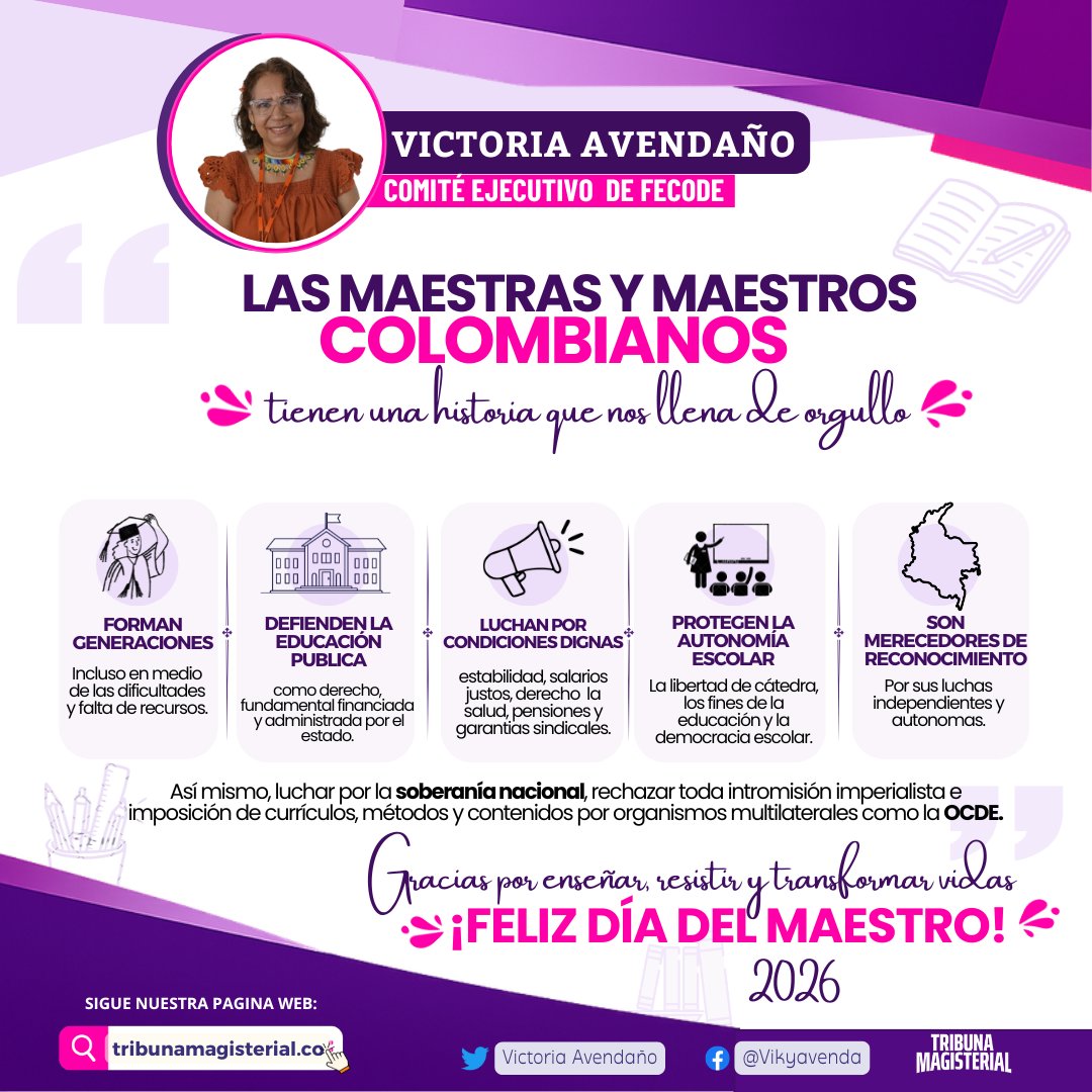 TribunaMagister's tweet photo. Por su loable labor, ✨ por sus luchas independientes y autónomas, 🌱 son merecedores de todos los reconocimientos, 🏆 hoy y siempre. 💪

¡Feliz día, maestros y maestras!
@vikyavenda , ejecutiva de @fecode https://t.co/LmyLzFCXCl