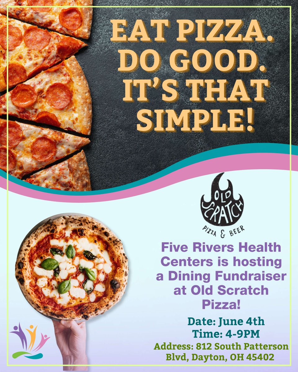 FiveRiversHC's tweet photo. Old Scratch Pizza is partnering with us for a Restaurant Takeover!

Join us on June 4th between 4pm and 9pm and make a difference while eating delicious pizza! 20% of ALL sales will be donated from our supporters, so make sure to tell them you're there in support for us (Five Rivers Health Centers).

We can't wait to see you there!

 #PizzaFundraiser #OldScratchPizza #CharityEvent #DiningForGood #GiveBackDayton #DaytonOhio #FiveRiversHealthCenters