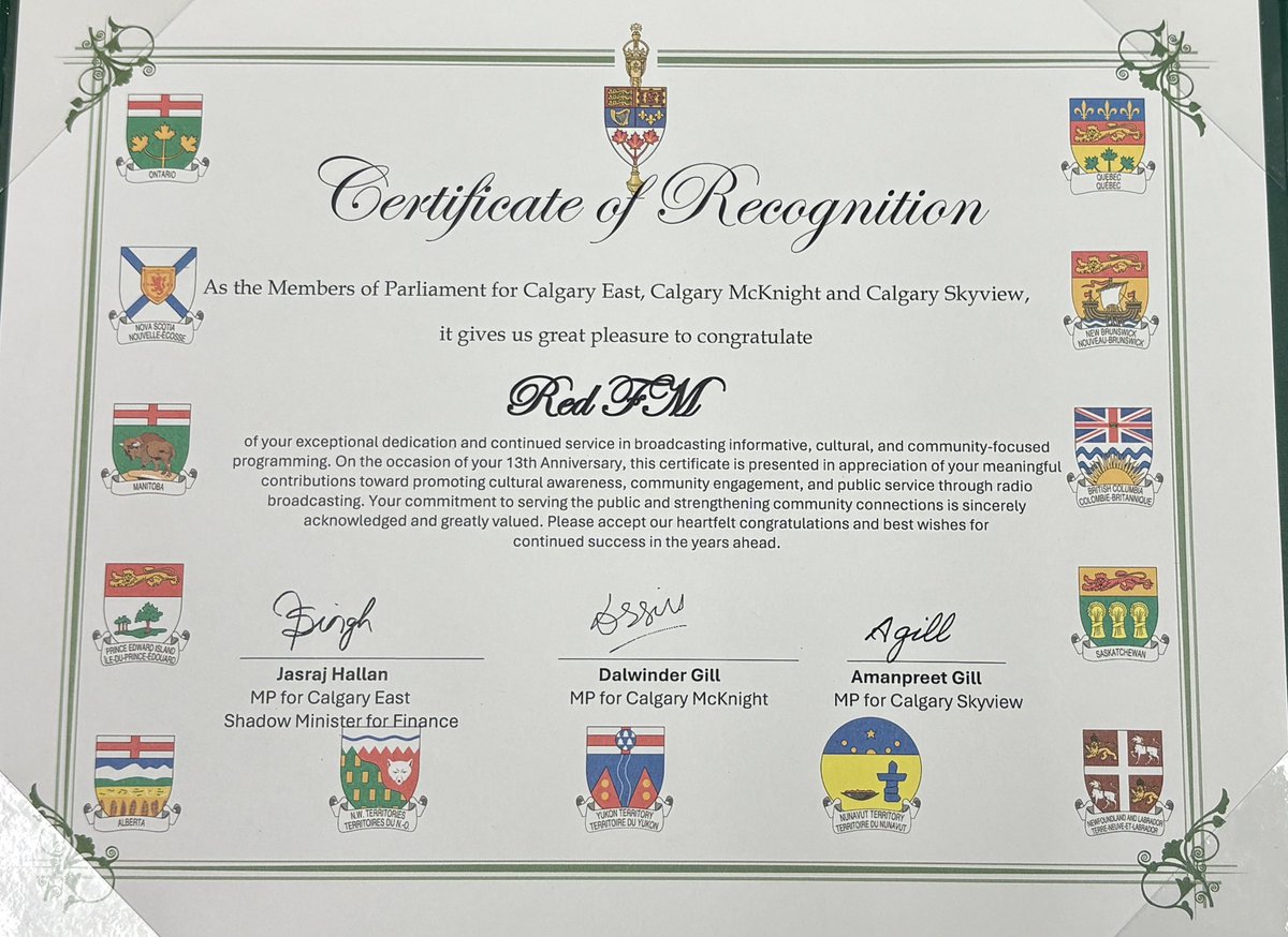 REDFMCALGARY's tweet photo. Honoured to welcome MPs Jasraj Hallan, Dalwinder Gill and Amanpreet Gill to our studio today as they congratulated us on the 13th anniversary of RED FM Calgary. Grateful for the certificate of recognition and warm greetings from Conservative Leader Pierre Poilievre. Thank you for celebrating this milestone with us and our community Mr. @PierrePoilievre and MPs @jasrajshallan @AmanpreetSGill @dalgillyyc . @RishiKNagar