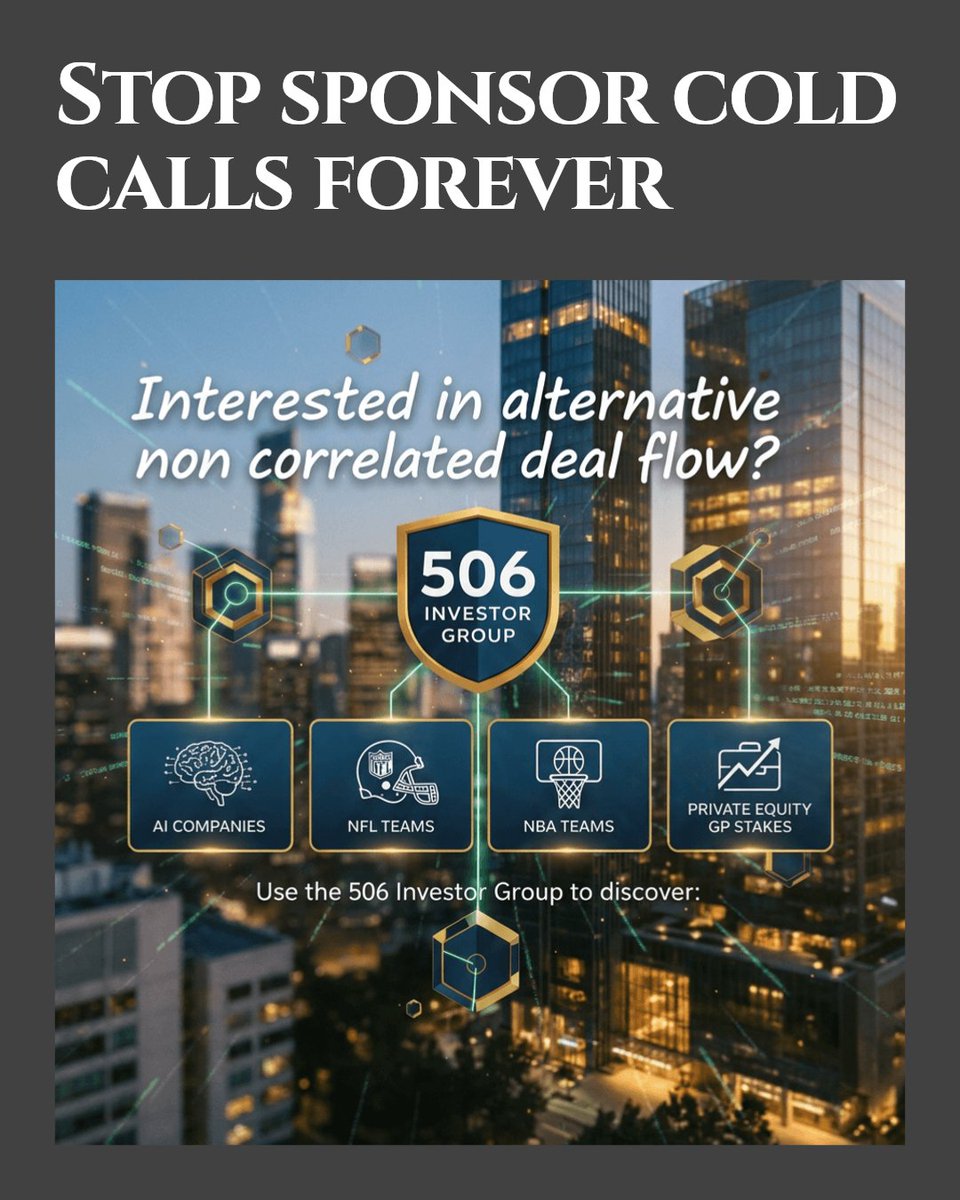 506Group's tweet photo. Conflict-free deal flow means no sponsor cold calls, no founder-driven sourcing, and only member-introduced opportunities. Accredited investors get transparency, better terms, and trusted due diligence. Join the community. Link in bio. https://t.co/87GHW2rFYR