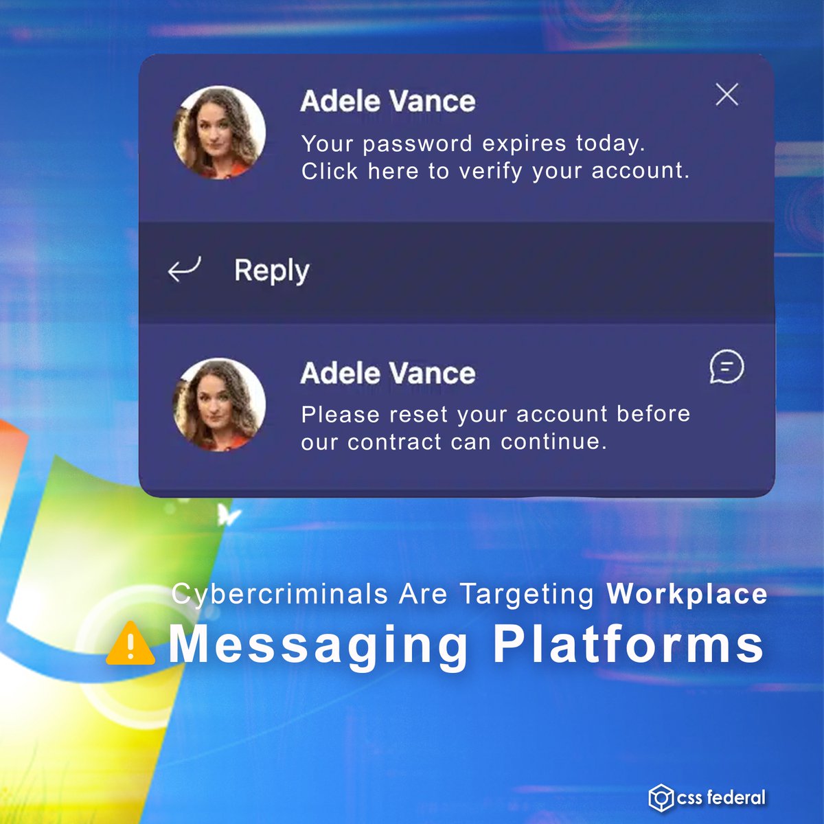 CSS_Federal's tweet photo. As organizations increasingly rely on platforms like Microsoft Teams, Slack, Zoom, and Google Workspace for day-to-day communication, attackers are adapting their tactics to target those trusted environments directly. 

#Cybersecurity #Phishing #CyberAwareness #CSSFederal https://t.co/LxBA9rpCI7