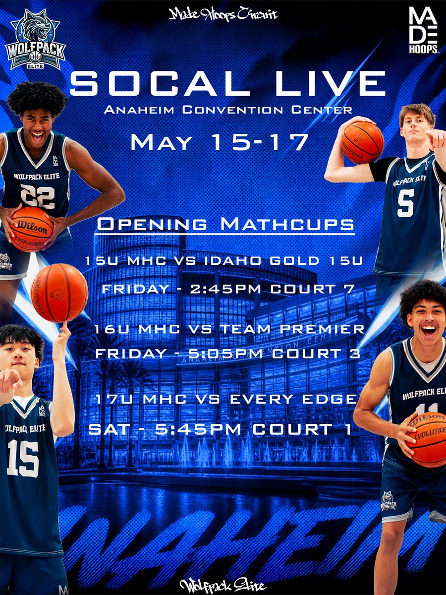wolfpackelitebb's tweet photo. Wolfpack Elite is ready big weekend at SoCal Live! Listed are our opening matchups, 15u and 16u is bracket play, 17u is showcase style. https://t.co/GqTkogEoMD