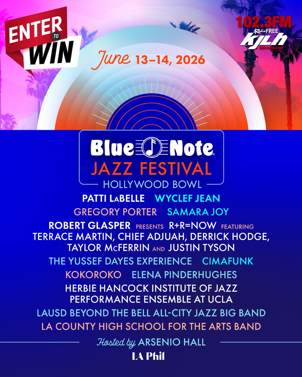 RadioFreeKJLH's tweet photo. 🎷 ENTER TO WIN your way into the Blue Note Jazz Festival June 13–14! Don’t miss incredible performances from Patti LaBelle, Wyclef Jean, Samara Joy and more 🎶✨

Head to https://t.co/rumZgLkk7j to enter now! #RadioFreeKJLH #WeAreYou https://t.co/Mx9yvmc8MV