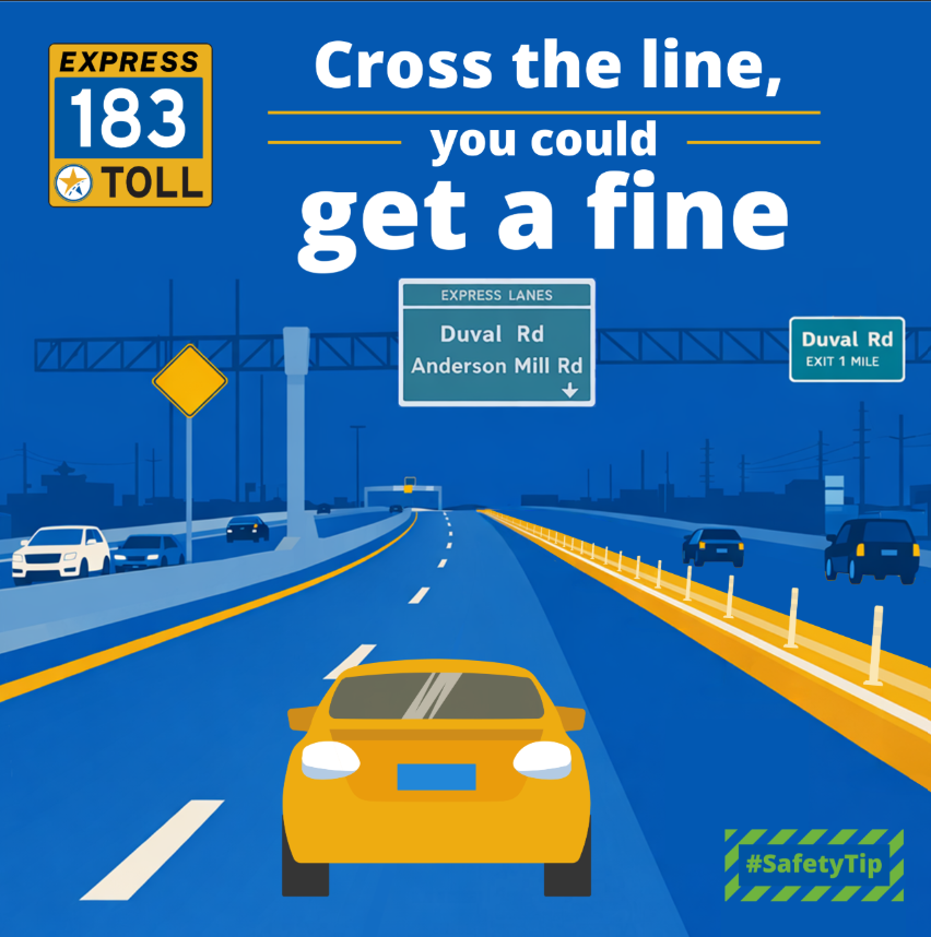 183North's tweet photo. Know before you go - on the 183 Express Lanes: Don't cross delineators, avoid weaving, and keep a steady, safe pace. Get the full safety breakdown here: https://t.co/hdYgCDUwAU https://t.co/M4DCjdfLKS