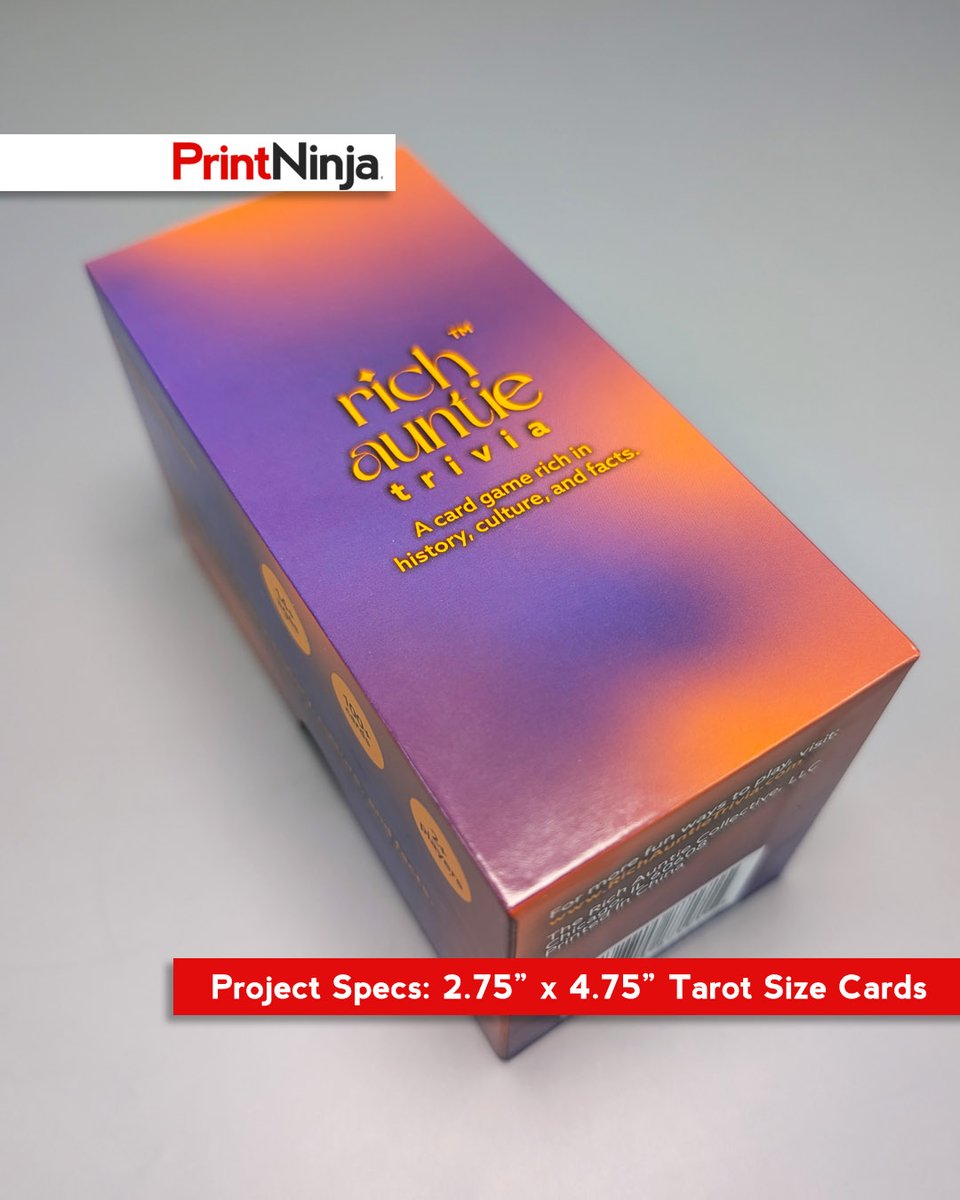 PrintNinja's tweet photo. Looking for card game inspo? Rich Auntie Trivia packs bold colors &amp; tarot-size cards in a sleek 2-piece box—perfect for game night! Got a card game idea? Reply &amp; let’s help bring it to life. #CardGame #IndieGames #PrintNinja https://t.co/3wSxBHycNY