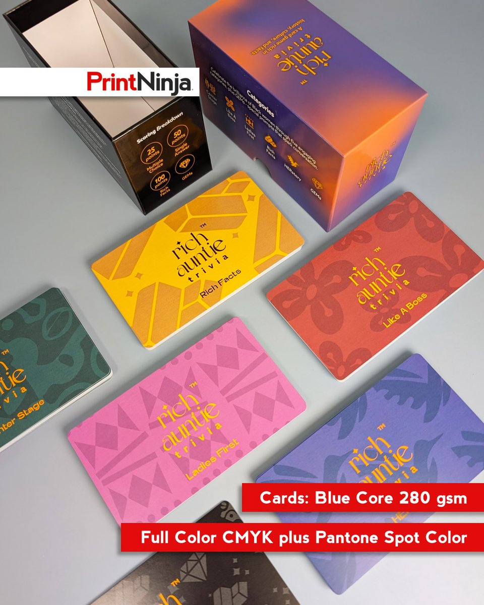 PrintNinja's tweet photo. Looking for card game inspo? Rich Auntie Trivia packs bold colors &amp; tarot-size cards in a sleek 2-piece box—perfect for game night! Got a card game idea? Reply &amp; let’s help bring it to life. #CardGame #IndieGames #PrintNinja https://t.co/3wSxBHycNY