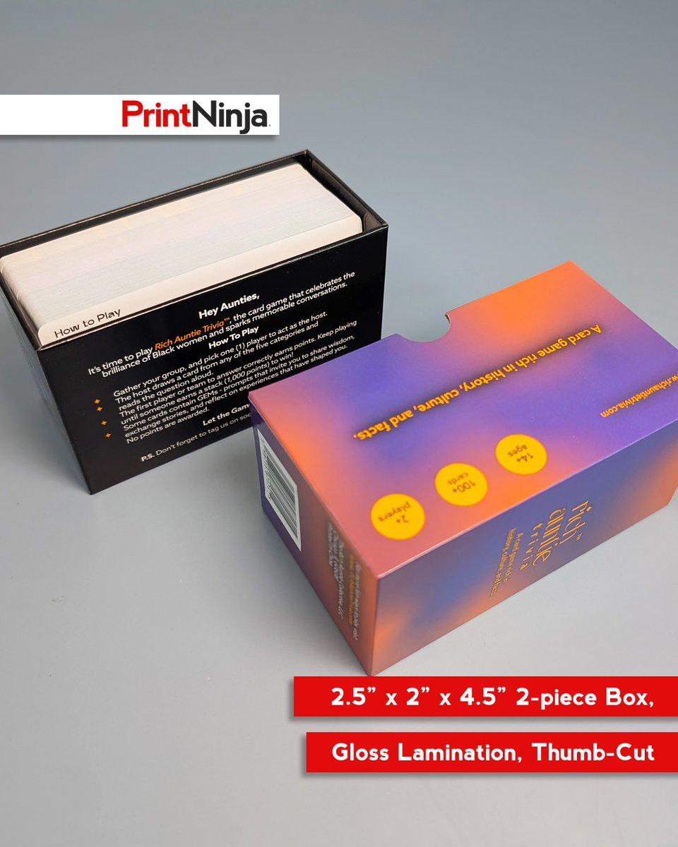 PrintNinja's tweet photo. Looking for card game inspo? Rich Auntie Trivia packs bold colors &amp; tarot-size cards in a sleek 2-piece box—perfect for game night! Got a card game idea? Reply &amp; let’s help bring it to life. #CardGame #IndieGames #PrintNinja https://t.co/3wSxBHycNY