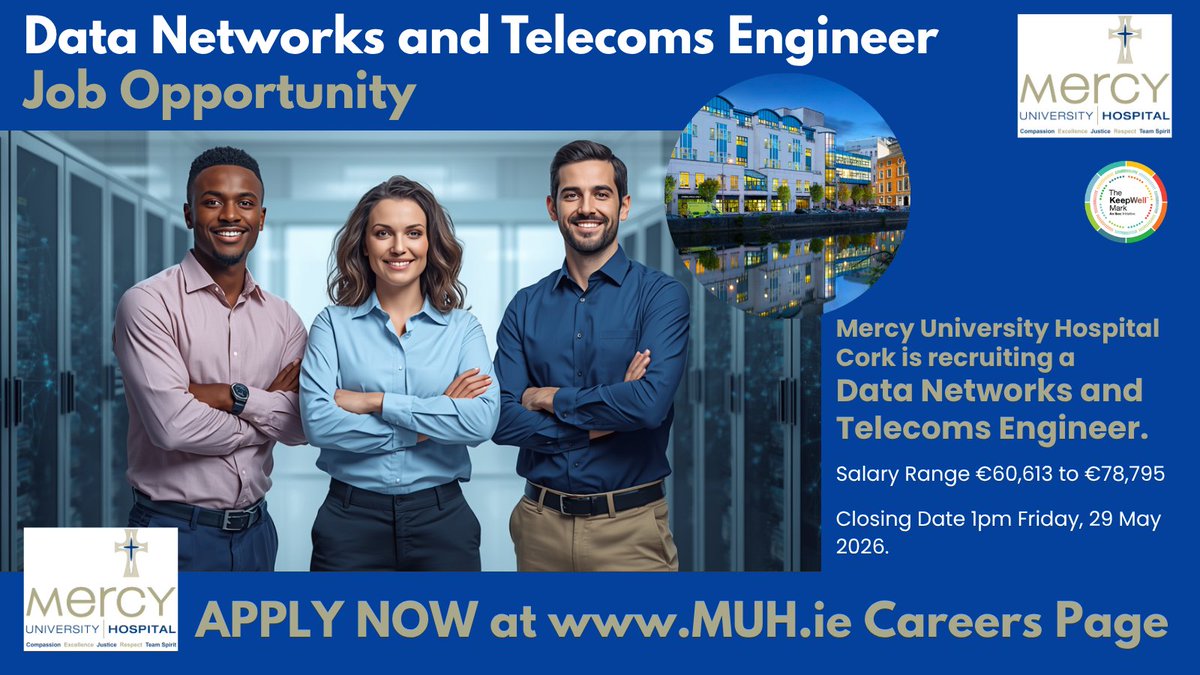 DeeORiordan8's tweet photo. π Experienced #Network or #Telecoms professionals - @Mercycork seeks a DATA NETWORKS & TELECOMS ENGINEER (Grade VII) for a perm full-time contract.
For more details & to apply, see:
https://t.co/CrseOu94Yj
#ITEngineer #NetworkEngineer #TelecomsEngineer #HSEJobs #PublicJobs https://t.co/RromQnN3J9
