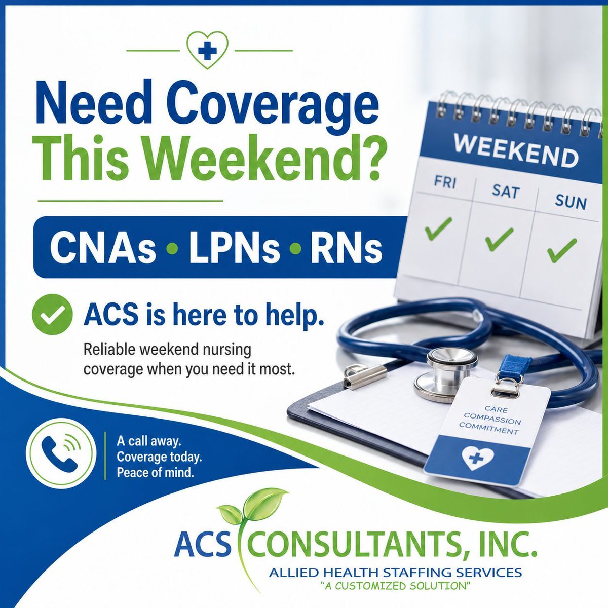 ACSConsultants_'s tweet photo. Whether it is a last-minute call-out, increased census, or extra weekend support, our team is ready to assist.

Contact ACS today for A Customized Solution.

#WeekendCoverage #NursingCoverage #HealthcareStaffing #CNA #LPN #RN #StaffingSupport #TeamACS https://t.co/iHOBFzed0R