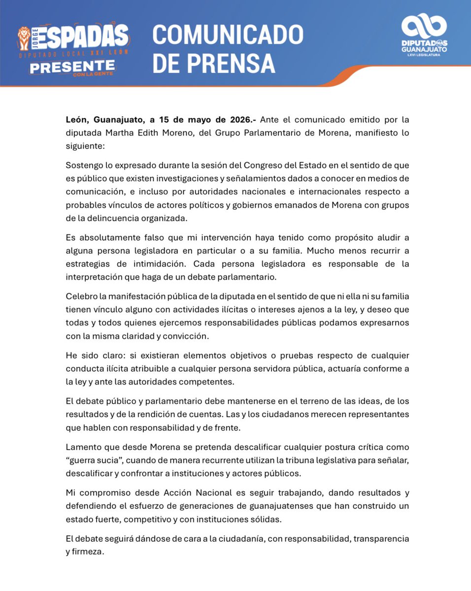 JorgeEspadasMX's tweet photo. Siempre he creído que el debate público debe darse con responsabilidad, claridad y respeto.
Comparto mi postura respecto a lo ocurrido durante la sesión ordinaria del Congreso del Estado.
En Guanajuato los temas de seguridad deben tratarse de frente.
#EspadasPresente https://t.co/sB917PeH6L