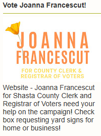 OccupyRedding's tweet photo. VOTE #Redding #Shasta County California Joanna Francescut  County Clerk &amp; Registar of Voters!
https://t.co/lm8op3l7EF https://t.co/WaSpraITdh