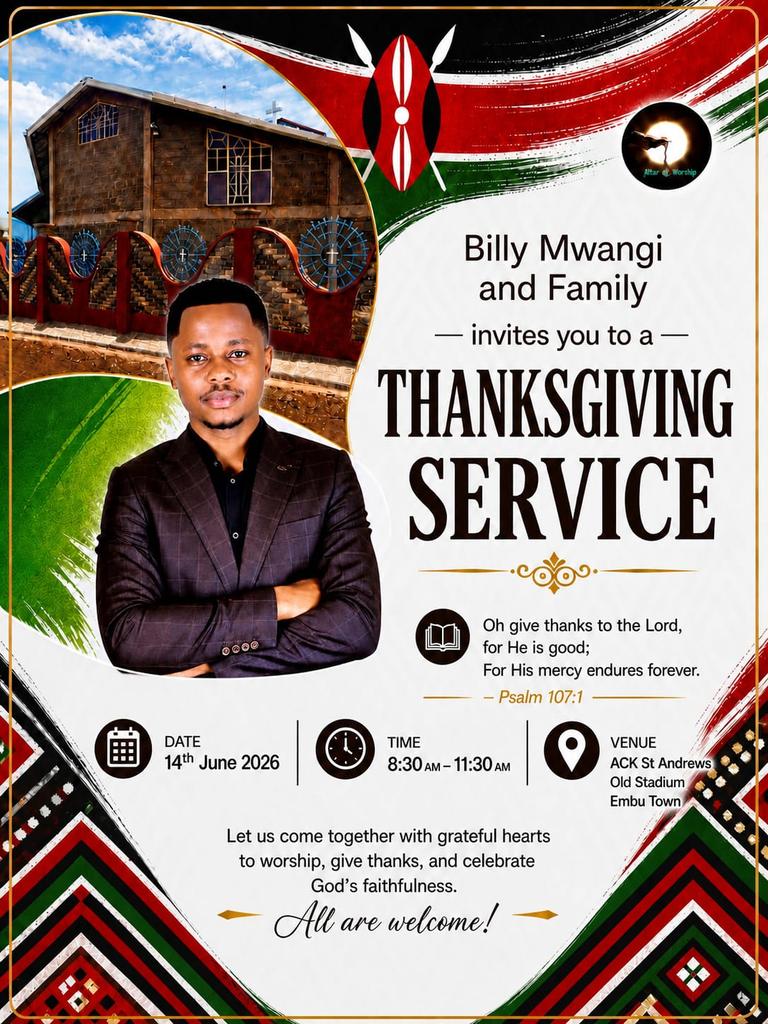MwangiHub's tweet photo. I humbly invite you all to this special thanksgiving event. Your presence, support, and any financial contribution towards making it a success will be deeply appreciated. 🙏🥺 https://t.co/S6XuQI5FBO