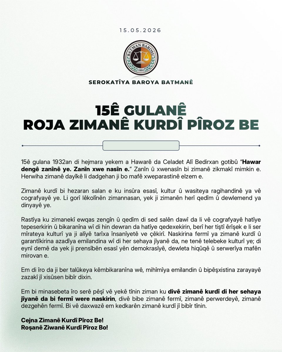 bbzimanekurdi's tweet photo. 15ê gulanê Cejna #ZimanêKurdî Pîroz Be. 
15ê Gulane Roşanê Ziwanê Kurdkî Pîroz Bo.  

Em bi teleba fermîkirina zimanê #kurdî, û bi teleba perwerdeya bi kurdî Cejna Zimanê Kurdî li kurdan pîroz dikin.

#RoşanêZiwanêKurdkî 
#CejnaZimanêKurdî https://t.co/JUChOV5QmU
