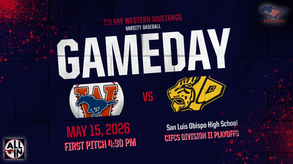 TWHS_Baseball's tweet photo. IT'S PLAYOFF TIME! 🐎🔥

The Mustangs hit the road today to battle the SLO Tigers in Round 1 of the CIFCS Division II Playoffs! Let’s get this run started. 😤🏆

📍 San Luis Obispo 
⏰ First Pitch: 4:30 PM

Let's go Mustangs! https://t.co/FhPtgAlWrk