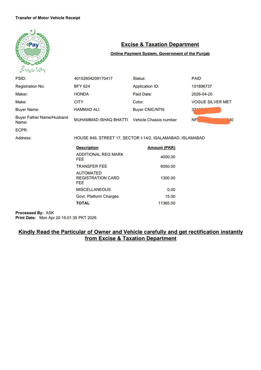 umer13me94's tweet photo. @CMComplaintCell 
I applied for the transfer of my vehicle on 20-04-2026 at the Excise, Taxation &amp; Narcotics Control Department Punjab Rawalpindi through the online ePay app. It has been one month, and I have not yet received the hard copy of the smart card. https://t.co/APW4bISRNp
