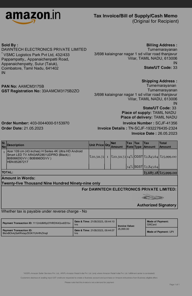 turnernarayanan's tweet photo. Acer India private limited 
43 இன்ச் ஏசர் டிவி 5 மாதங்களாகச் செயல்படவில்லை! சேவை இல்லை! புகார் எண்:
TN260407000 
வாக்குறுதிகள்.
 ரசீது, உத்தரவாதம் மற்றும் audio ஆதாரம் தயாராக உள்ளது. 24 மணி நேரத்திற்குள் மாற்றித் தரவும், இல்லையெனில் வழக்குத் தொடரப்படும். https://t.co/ezhxxxeRiL
