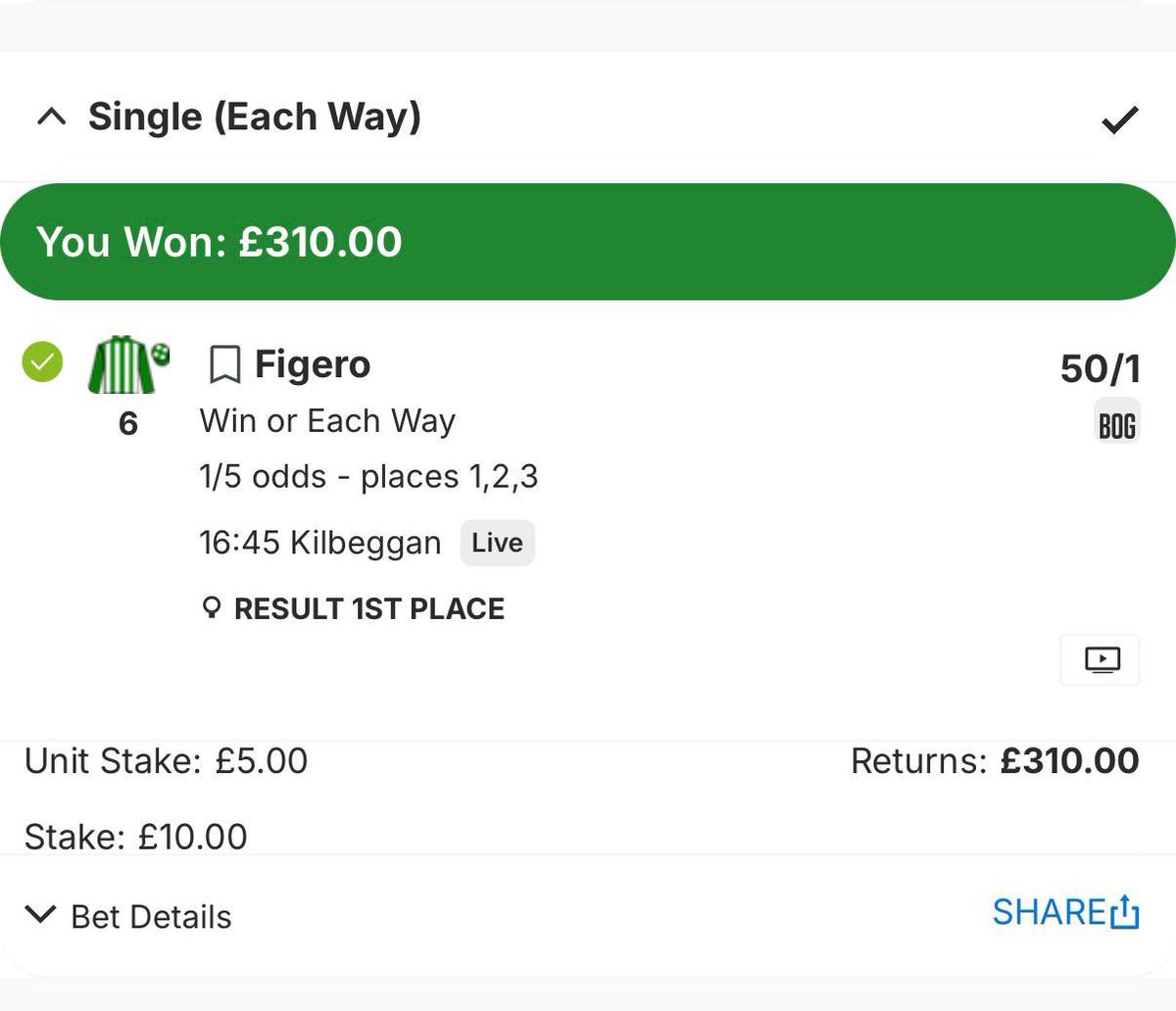 CRHorseRacing's tweet photo. One bet today in the group 50/1 winner https://t.co/duwXYBby0O