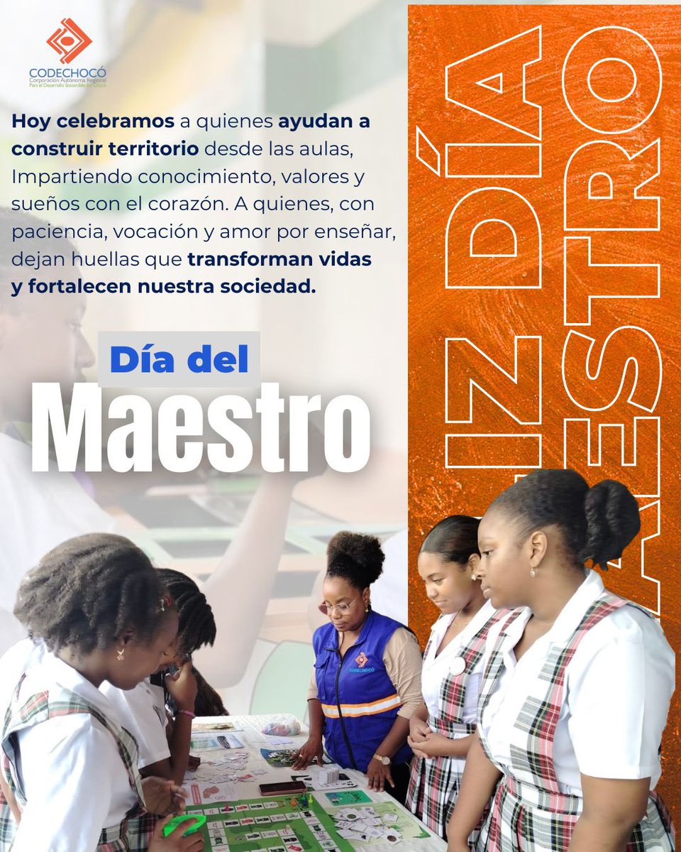 CodechocoCar's tweet photo. 📚 Exaltamos a las maestras y maestros que desde su vocación transforman la sociedad.

#Maestras #Maestros #Codechocó https://t.co/08GC3AAJU5