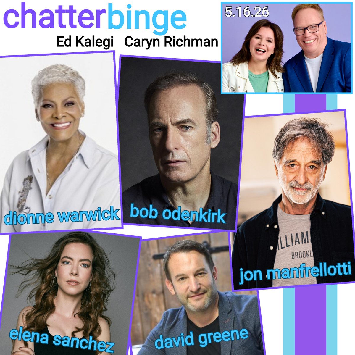 EdKalegi's tweet photo. This week on Chatterbinge: Dionne Warwick, Bob Odenkirk, Elena Sanchez, David Greene, S.L. Jacobs, and Jon Manfrellotti. Ed Kalegi &amp; Caryn Richman on things they do as adults that remind them of things they did as kids, bad school memories &amp; ChatterFacts! Available NOW everywhere https://t.co/8K2h5WL6tM