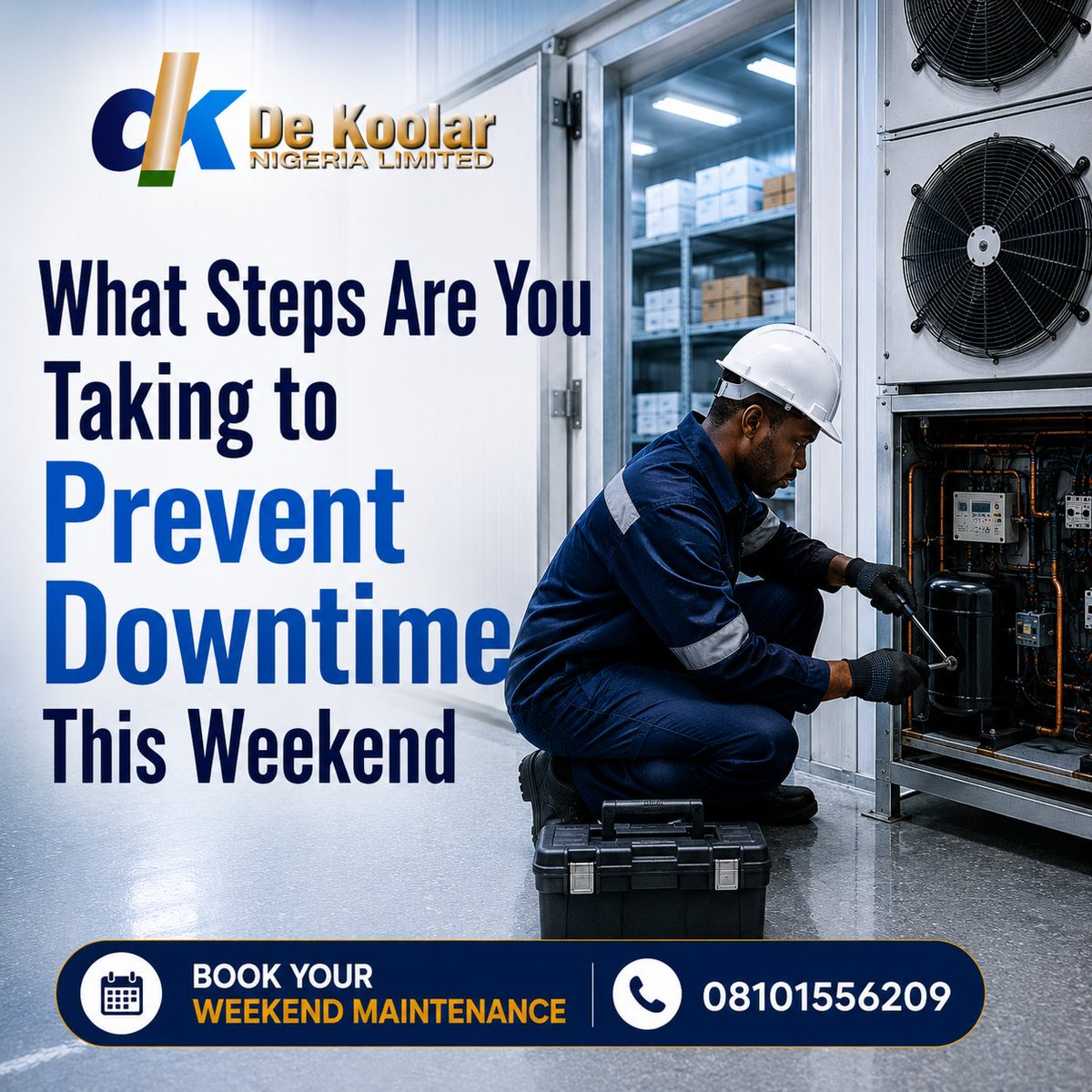 Dekoolar's tweet photo. Don’t wait for a breakdown before you act.

Most system failures don’t happen suddenly, they build up over time through missed checks, ignored signals, and delayed maintenance.

This weekend is the perfect time to stay ahead of downtime and protect your operations before issues escalate. Preventive maintenance is not just a routine, it’s a strategy for consistency, efficiency, and long-term savings.

What steps are you taking to prevent downtime this weekend?

#ColdstorageMaintenance
#Dekoolar
#Coldroom
#Weekend
#HVACMaintenance