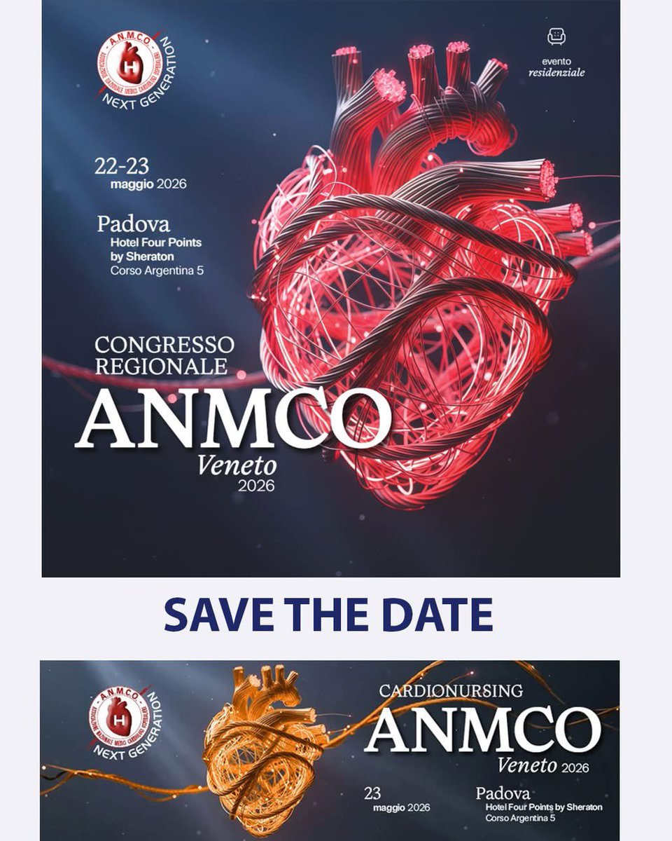 _anmco's tweet photo. 💖Congresso Regionale & Cardionursing ANMCO Veneto 2026
 
📍Padova
🗓 22 - 23 maggio 2026

L'invecchiamento della popolazione e la complessità delle patologie croniche richiedono un aggiornamento continuo e multidisciplinare. 

I due eventi di riferimento della cardiologia veneta si uniscono per fare il punto su innovazione, linee guida e pratica clinica.

🔬 Per i Medici: focus su scompenso cardiaco, aritmie, valvulopatie, cardiopatia ischemica e novità farmacologiche nella prevenzione e sindrome metabolica.

🩺 Per gli Infermieri : una mattinata dedicata all'aggiornamento in campo interventistico, aritmologico e sulle terapie innovative.

🎯 Obiettivo: favorire il confronto tra esperti e far crescere le competenze interdisciplinari per migliorare la gestione del paziente cardiopatico.

Consulta il programma e riserva il tuo posto 👇
https://t.co/OrOB35lCQq

#ANMCOVeneto2026 #Cardionursing2026 #Cardiologia