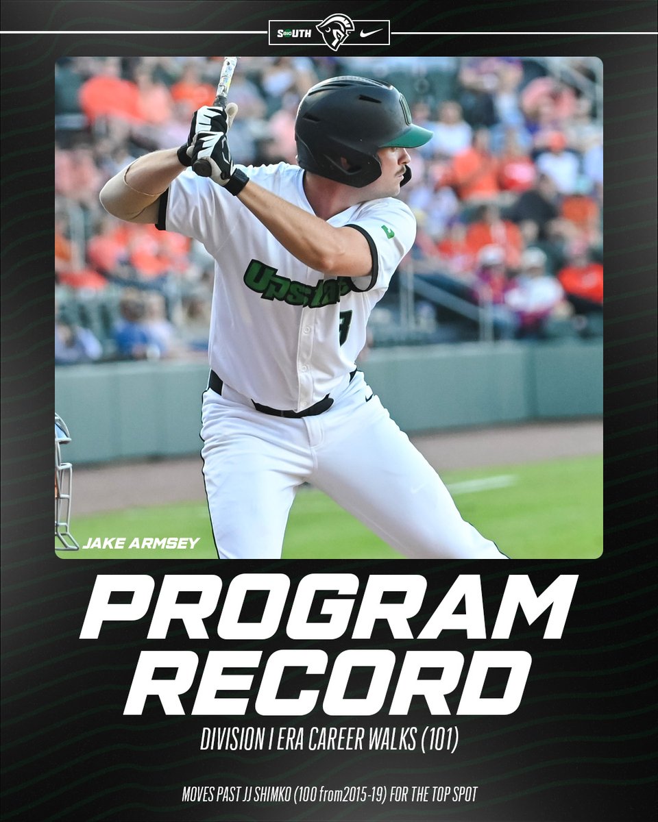 UpstateBSB's tweet photo. 𝑫𝒊𝒗𝒊𝒔𝒊𝒐𝒏 𝑰 𝑬𝒓𝒂 𝑹𝒆𝒄𝒐𝒓𝒅 ❕

Drawing a pair of walks last night against Elon, Jake Armsey moved past former Spartan JJ Shimko (2015-19) for the program's Division I era (2007-pres.) career walks record

#SpartanArmy ⚔️ https://t.co/UpvjJnTKdD