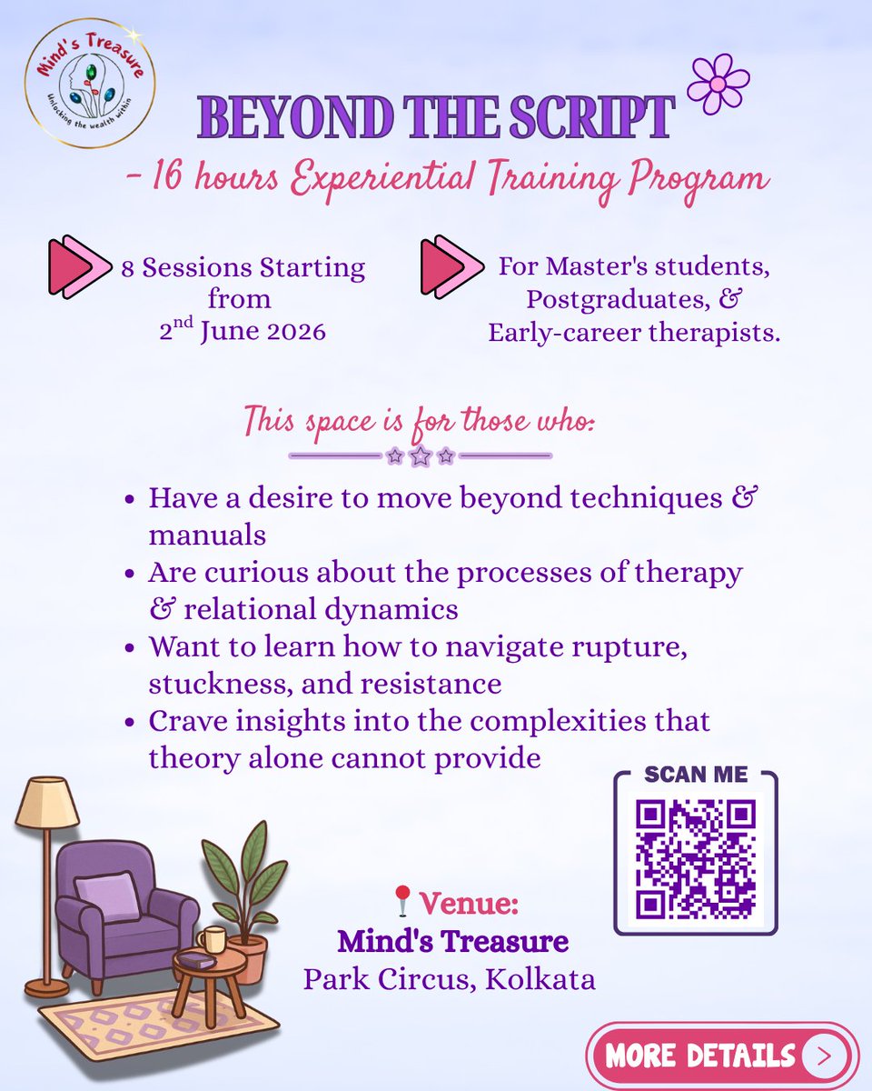 MindsTreasure's tweet photo. Ready to move "Beyond the Script"? Join us for a 16-hour experiential training designed for therapists who want to dive deep into relational dynamics and navigate clinical "stuckness."
​Led by a team of expert M.Phil. Clinical Psychologists.
​Park Circus, Kolkata
KOLKATA https://t.co/9xsVXX8kq3