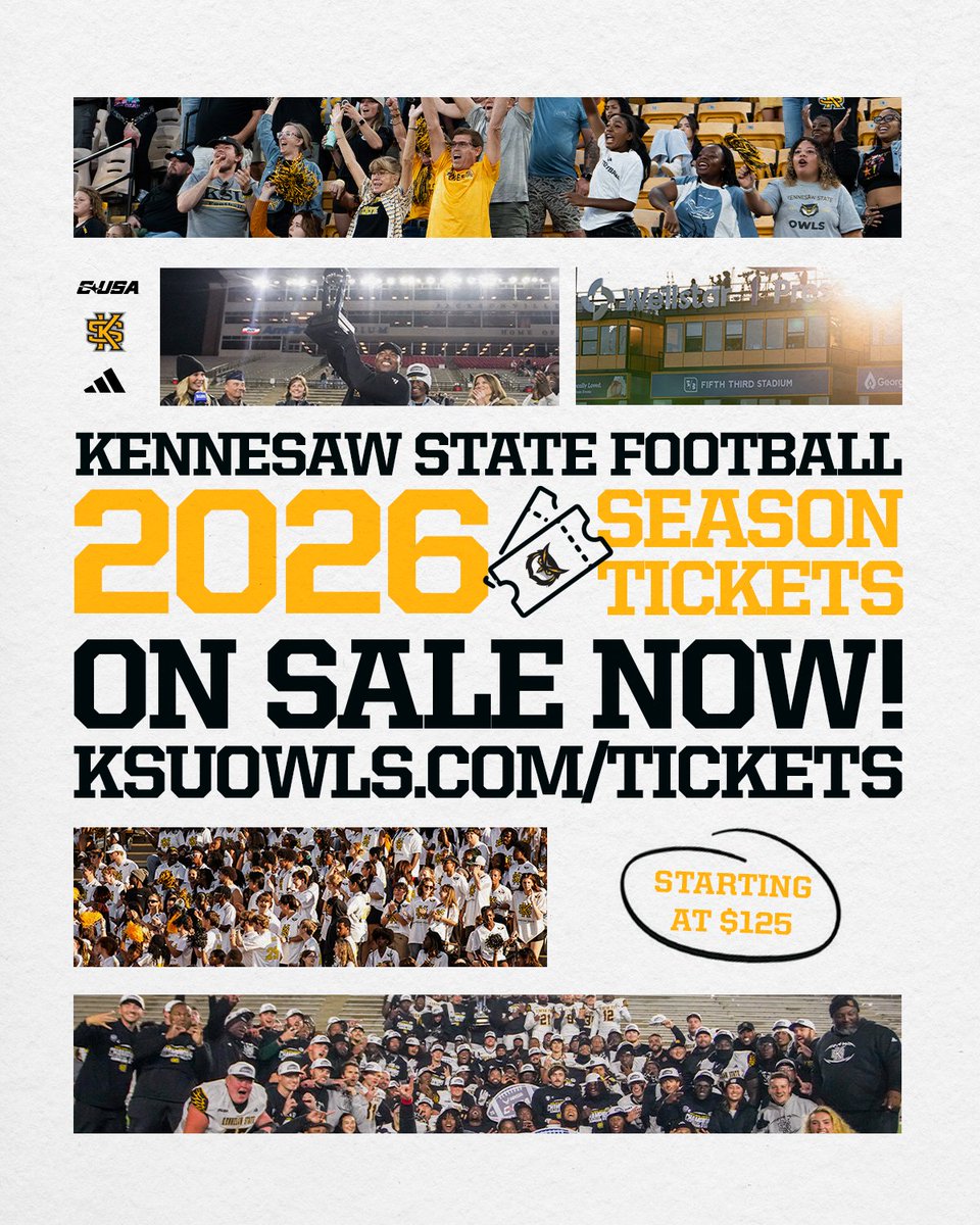 kennesawstfb's tweet photo. 𝟐𝟎𝟐𝟔 𝐒𝐄𝐀𝐒𝐎𝐍 𝐓𝐈𝐂𝐊𝐄𝐓𝐒  

Be a part of it! Claim your tickets today and be there for all the exciting action!  

🎟️ https://t.co/Rz8LxXiptR 

#HootyHoo https://t.co/qfXiszgjn1