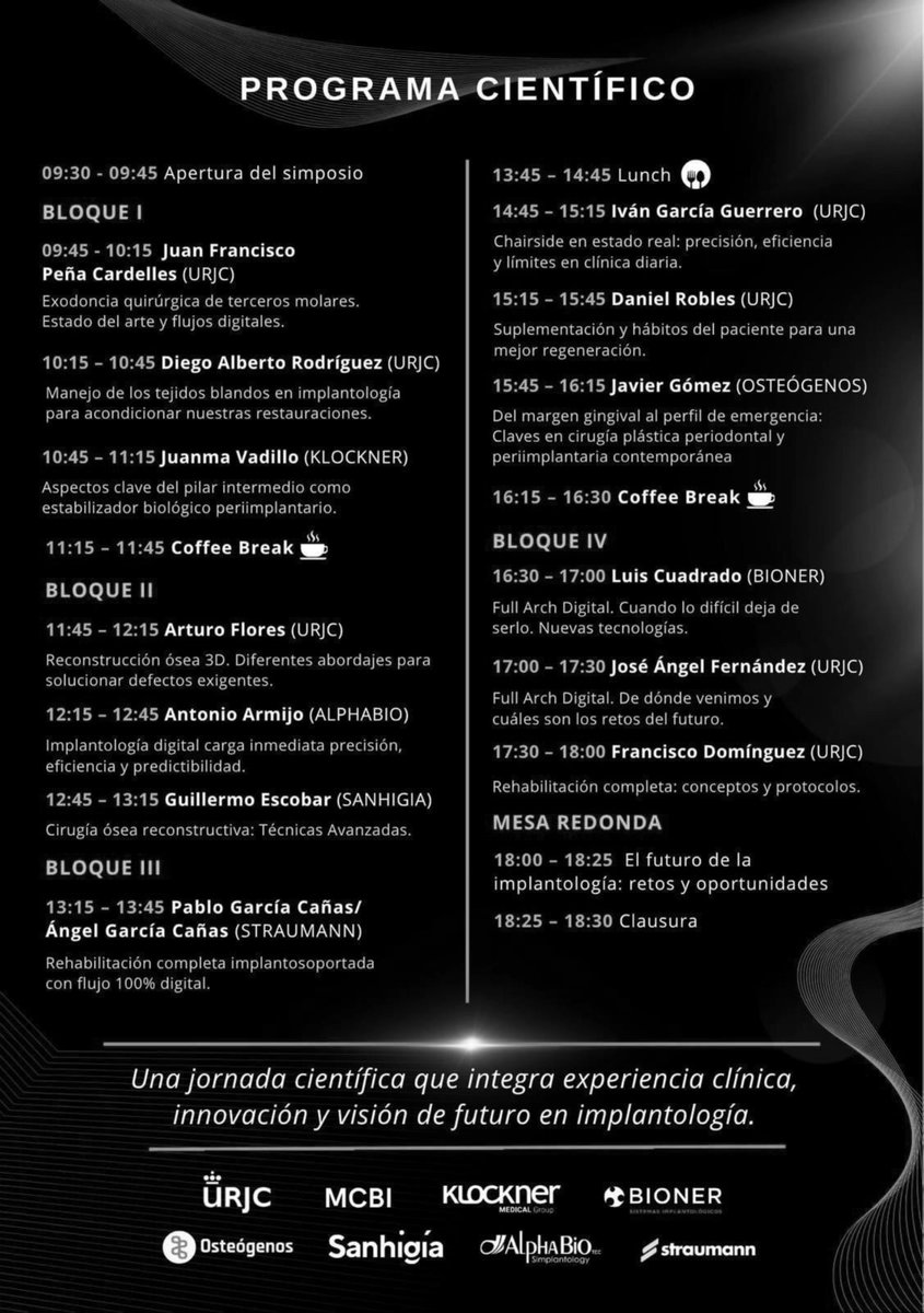 BionerSocial's tweet photo. BIONER en el 20º ANIVERSARIO MCBI SIMPOSIO DE CIRUGÍA BUCAL E IMPLANTOLOGÍA ı Universidad Rey Juan Carlos.  Ponencia “Full Arch Digital. Cuando lo difícil deja de serlo. Nuevas tecnologías.” Dr. Luis Cuadrado
#implantesdentales #dentalimplant https://t.co/EFixEsvGkY