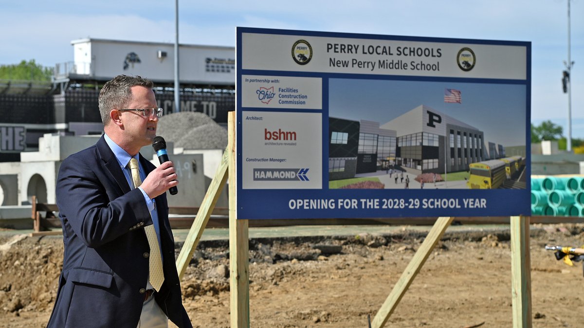 OHFacilities's tweet photo. The latest construction project for Perry Local Schools in Stark County kicked off Friday with the groundbreaking of its new middle school. The 156,358-square-foot facility that will accommodate students in grades 5-8. Opening for the 2028-29 school year. https://t.co/GUQa8NxJD0