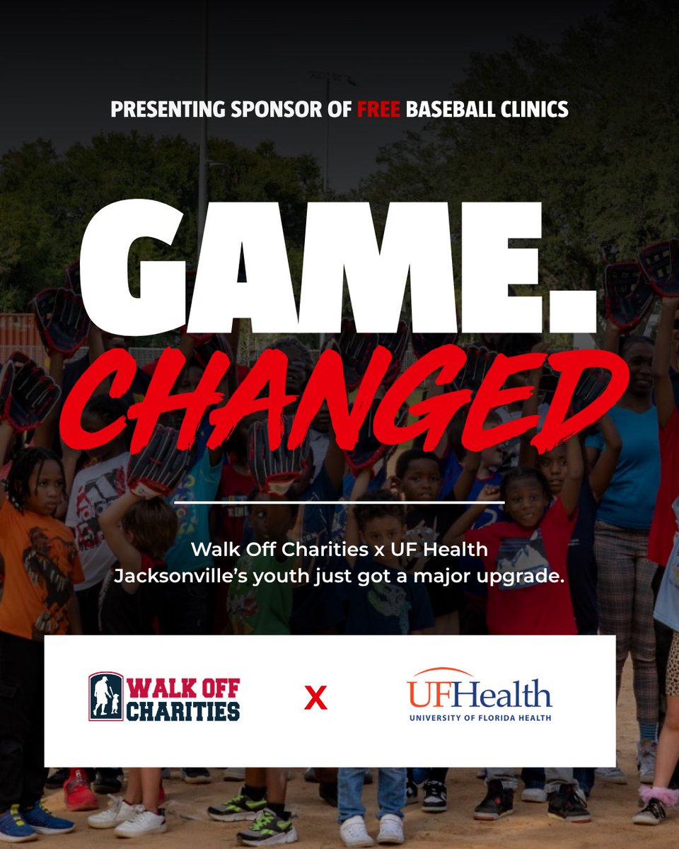WalkOffJax's tweet photo. Excited to officially announce our new collaboration with UF Health

What started in 2017 as an idea has now impacted more than 10,000 kids through our free youth baseball clinics. We’re incredibly grateful to have UF Health supporting us as we continue expanding opportunities, access, and mentorship for youth across Northeast Florida.

The next 10,000 starts now. 💫

#WalkOffCharities #UFHealth #YouthSports #Jacksonville