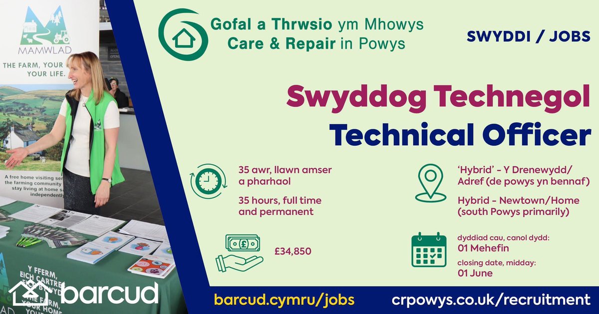 taibarcud's tweet photo. SWYDD GWAG - SWYDD TECHNEGOL
📍 'Hybrid' - Y Drenewydd/Adref (de Powys yn bennaf)
Am fwy o wybodaeth ewch i  👉 https://t.co/805Si4w7Mn

JOB VACANCY - TECHNICAL OFFICER
📍 Hybrid - NEWTOWN/Home (south Powys primarily)
For more info 👉 https://t.co/805Si4w7Mn https://t.co/A0VGBju0RN