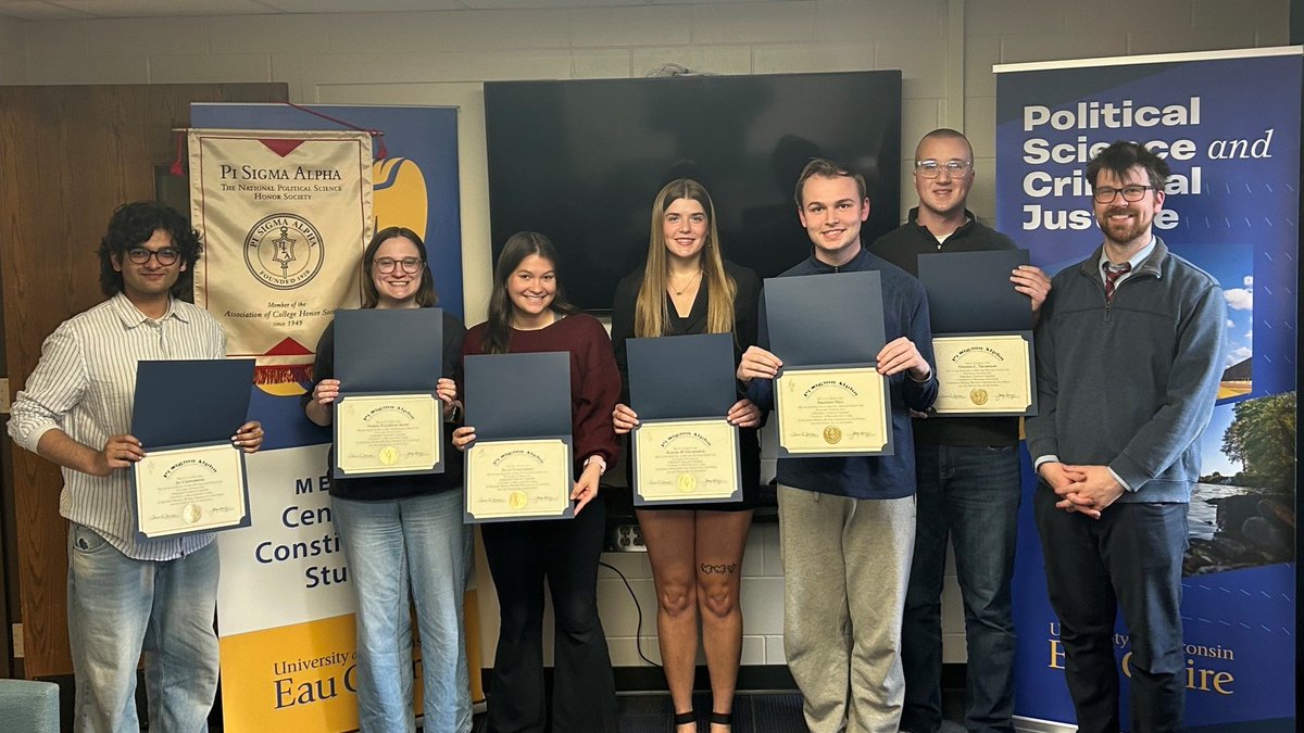 UWEC_POLS's tweet photo. .@UWEC_POLS recognizes student achievements for 2025-2026: Andresen Scholarship (Sabrina Gruzlewski), Wartolec Scholarship (Iryna Levada), @UWEC_Menard_CCS Scholarships (Cassi Garrison, Jack Gunderson, Jack Kasper, Kira Kirby, &amp; Trinity Mayfield), &amp; new Pi Sigma Alpha members. https://t.co/0moVBquMNY