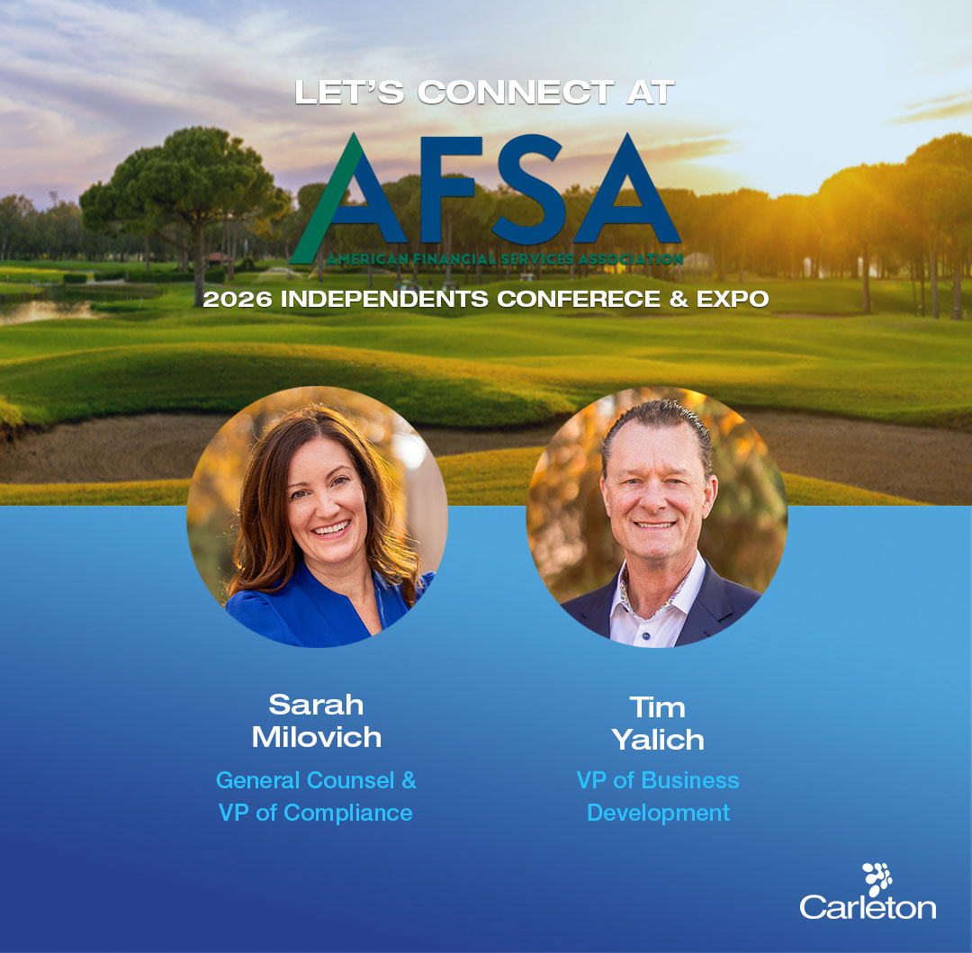 CarletonInc's tweet photo. Looking forward to the #AFSA2026 Independents Conference &amp; Expo next week at Omni PGA Frisco Resort! 
With rising scrutiny on #LoanServicing &amp; #PaymentAccuracy, #Compliance teams are under more pressure than ever. Excited to bring back fresh insights for our partners and clients. https://t.co/xrKMLqswfn