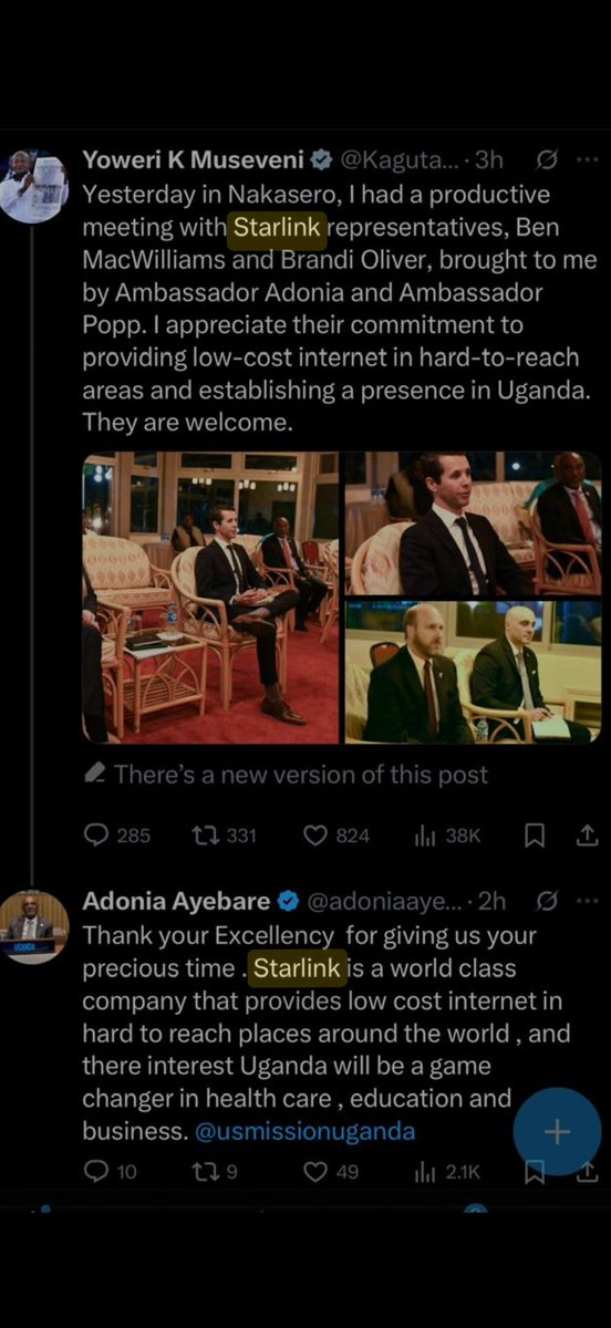 adoniaayebare's tweet photo. Congratulations @KagutaMuseveni and @elonmusk for this historical achievement, Uganda joins the increasing family of countries connected to Starlinks and now Uganda can access affordable internet across the entire country. Let me thank my colleague @USEmbassyUganda Amb Pope whom we have worked together over the last two years to facilitate the entry of @Starlink to Uganda. Also the @MoICT_Ug and @UCC_Official colleagues for the hard work. Below was the first meeting between @KagutaMuseveni and representatives of @Starlink