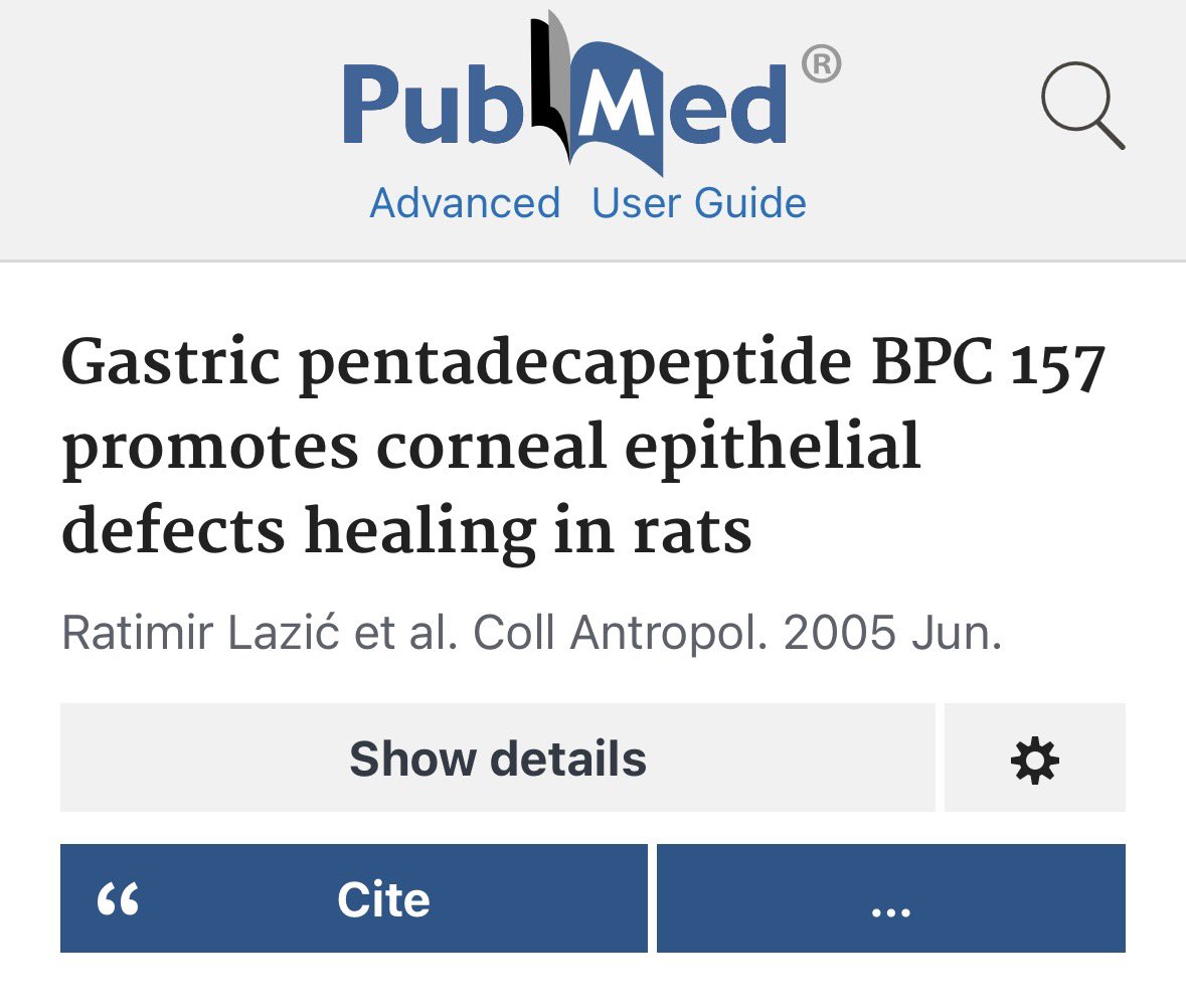 HealthyAlfred's tweet photo. BPC-157 healed a rat’s eye after they CUT through the cornea with a surgical knife.

Not a scratch. A full puncture through the front of the eye.

BPC-157 given every 8 hours:

→ wound closed completely by 72 hours
→ cornea went from cloudy back to clear
→ zero scar tissue
→ zero abnormal blood vessel growth

The untreated rats? Still cloudy. Still scarred. New blood vessels growing into the wound making it worse.

(PMID: 16117343)

Then they tested it on everything else in the eye:

→ glaucoma — pressure normalized
→ retina damage — integrity maintained
→ pupil function — recovered
→ corneal ulcers — closed
→ dry eye from removed tear glands — healed

(PMC: 10385428)

A peptide from your stomach juice healed an eye that was cut open.

Your eye doctor says dry eye is something you “manage.” Your glaucoma drops control pressure but never fix the damage.

BPC-157 did both. In rats.

500+ studies. Not one ophthalmologist knows about it.

That’s not even the craziest thing BPC-157 has done. Check the comments.
