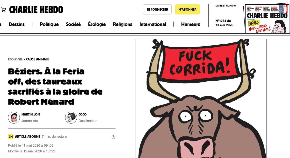 BeziersColbac's tweet photo. CHARLIE HEBDO à BEZIERS 
Long reportage de @Charlie_Hebdo_ sur la Feria Off de Béziers et la mobilisation anticorrida du @BeziersColbac  devant les arènes lors du 1er jour
Article très critique envers la #corrida et le système qui l’entoure
👉 À lire ici 
https://t.co/mYZFBrJx9X https://t.co/NSdmsendXA
