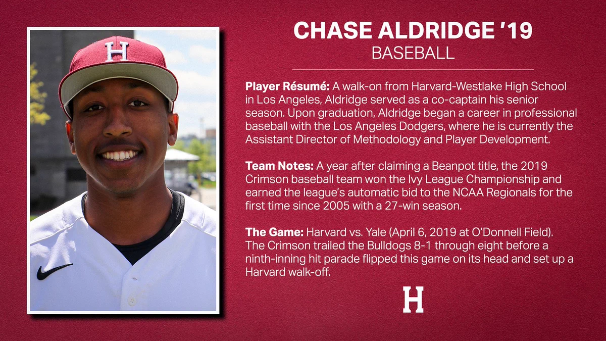  Graphic featuring Harvard headshot for Chase Aldridge plus text, including Aldridge's resume, team notes and Harvard-Yale baseball facts.