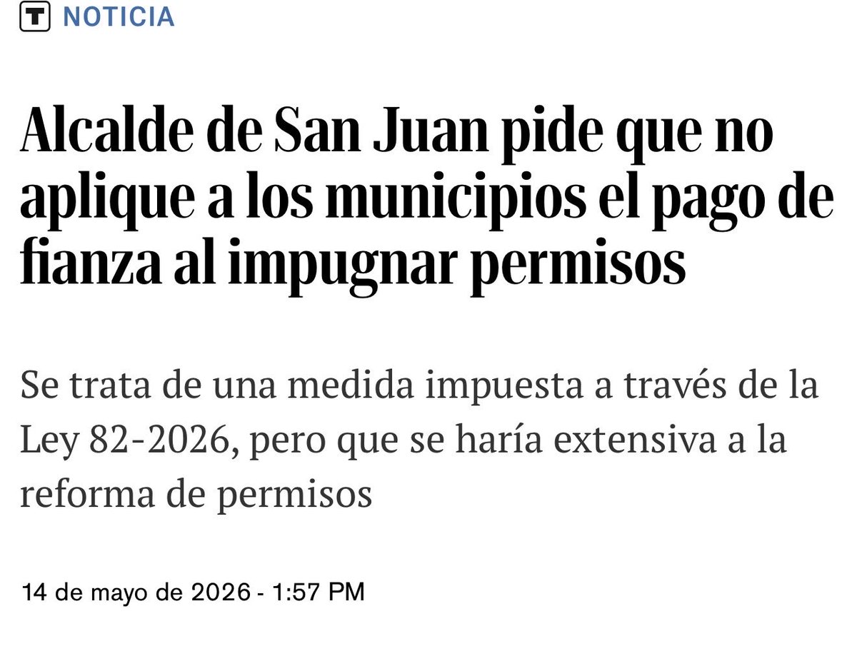 manuelnatal's tweet photo. Lo que es malo para los municipios, también es malo para el ciudadano de a pie, ¿No? 

El llamado debería sería a detener por completo la aprobación de la legislación que requeriría de una fianza de 10% del valor de la obra para poder impugnar un permiso, no a ponerle un parcho para los municipios (que son los mismos que muchas veces otorgan dichos permisos cuya legalidad tiene que ser cuestionada por un ciudadano común).