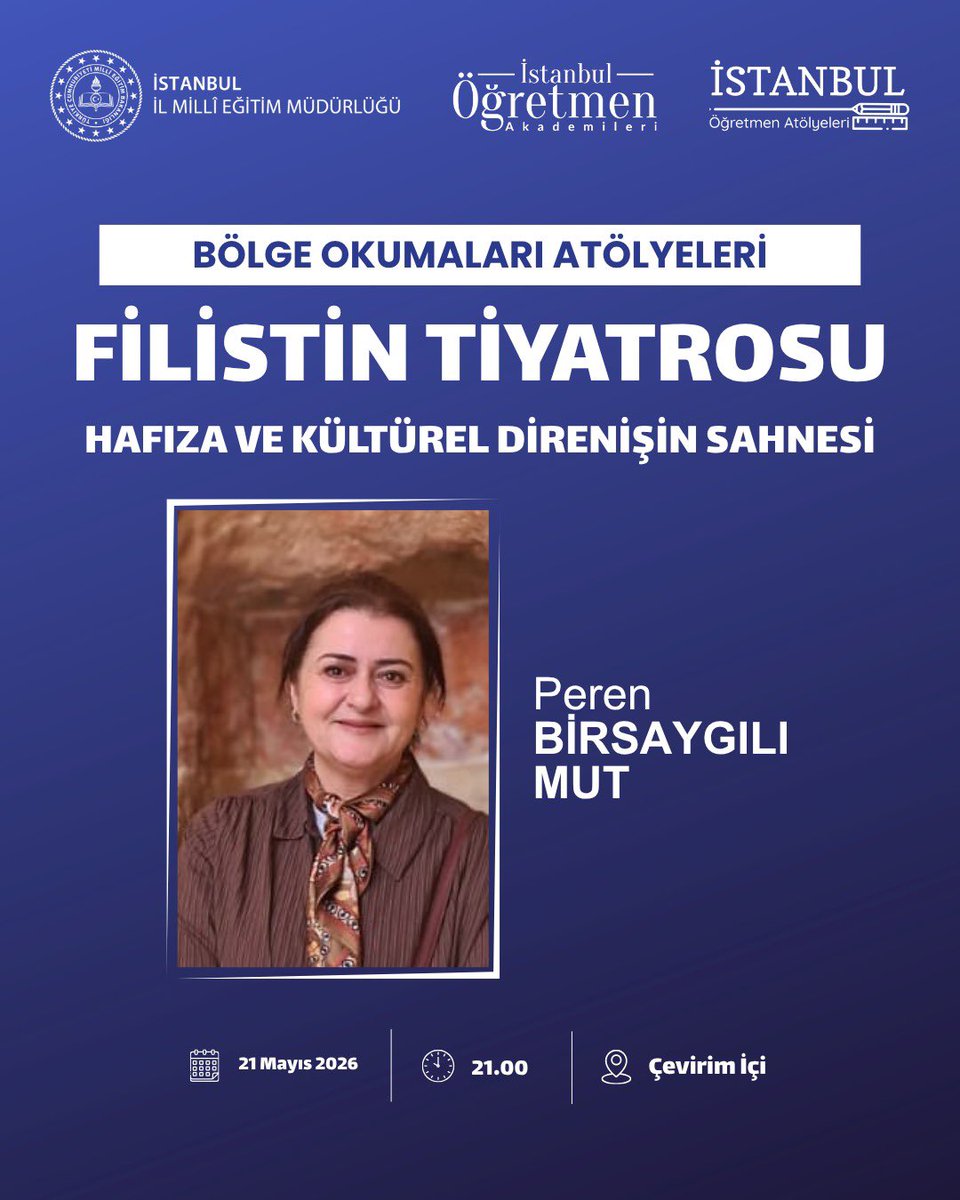 Ist_Akademiler's tweet photo. Bölge Okumaları Koordinatörlüğünde yapılacak olan Filistin Tiyatrosu: Hafıza ve Kültürel Direnişin Sahnesi isimli Çevirim İçi seminere alttaki linkten kayıt olabilirsiniz. @tcmeb @istanbulilmem  @MucahitYentur 

https://t.co/thBHgUO4Q8 https://t.co/mVHjOENPVQ