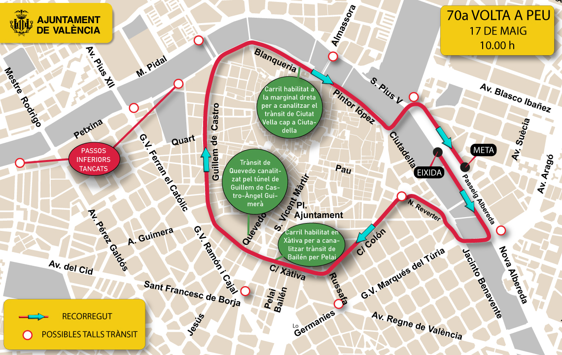 AjuntamentVLC's tweet photo. 🏃‍♀️🏃 Este diumenge, 17 de maig, torna la 70a #VoltaAPeu a #València, la carrera popular amb més d'història del circuit que cumplix 102 anys,  i ho fa amb ➕9.000 corredors i corredores que ompliran els carrers del centre de la ciutat.

🕙 De 10:00 a 11:30 h
📍 Recorregut de 6,2 km | Eixida des de l’Albereda

🚫 Prohibit estacionar entre el pont de l’Exposició i el de les Flors des de les 22 h de hui fins a les 16 h del diumenge.
🚧  Restriccions a la circulació des de dissabte a partir de les 15:00 h.

🚍 A més, @emtvalencia ha planificat noves rutes per a 39 línies.

➡️Consulta tota la informació de @TransitValencia en 🔗 https://t.co/MstaVMnbok i ⤵️